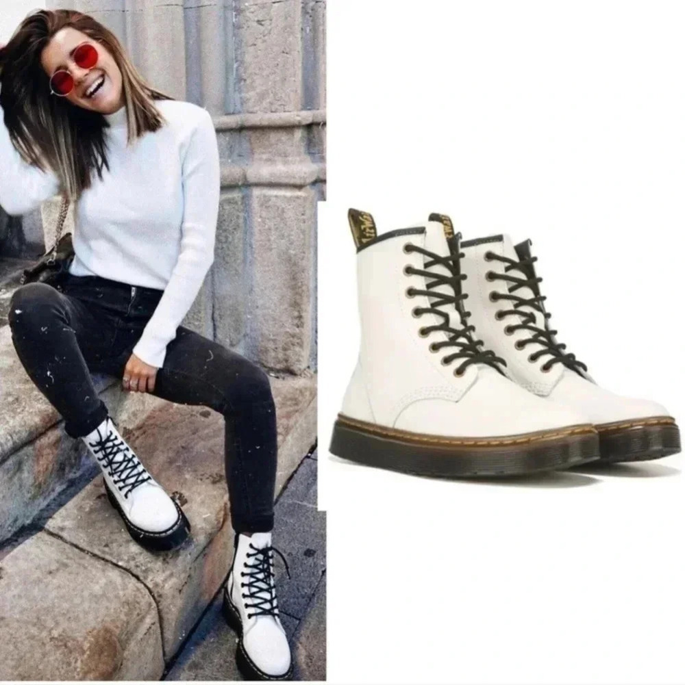 Dr. Martens White Leather Zavala Lace Up Boots/Booties(9)
